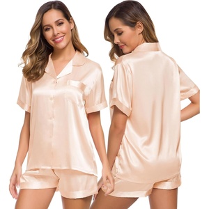 image:imageSWOMOG Womens Silk Satin Pajamas Set Short Sleeve Sleepwear Button Down Top and Shorts Loungewear 2 Piece Pjs Set XS3XLChampagne Solid