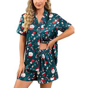 image:imageSWOMOG Womens Silk Satin Pajamas Set Short Sleeve Sleepwear Button Down Top and Shorts Loungewear 2 Piece Pjs Set XS3XLChristmas Delight Print