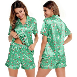 image:imageSWOMOG Womens Silk Satin Pajamas Set Short Sleeve Sleepwear Button Down Top and Shorts Loungewear 2 Piece Pjs Set XS3XLChristmas Gift Green