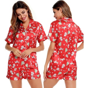 image:imageSWOMOG Womens Silk Satin Pajamas Set Short Sleeve Sleepwear Button Down Top and Shorts Loungewear 2 Piece Pjs Set XS3XLChristmas Gift Red