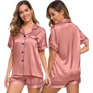 image:imageSWOMOG Womens Silk Satin Pajamas Set Short Sleeve Sleepwear Button Down Top and Shorts Loungewear 2 Piece Pjs Set XS3XLDeep Misty Rose