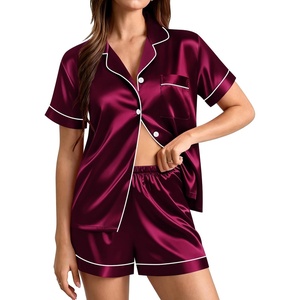 image:imageSWOMOG Womens Silk Satin Pajamas Set Short Sleeve Sleepwear Button Down Top and Shorts Loungewear 2 Piece Pjs Set XS3XLDeep Wine Red