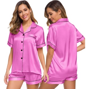 image:imageSWOMOG Womens Silk Satin Pajamas Set Short Sleeve Sleepwear Button Down Top and Shorts Loungewear 2 Piece Pjs Set XS3XLDolllike Pink