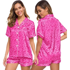image:imageSWOMOG Womens Silk Satin Pajamas Set Short Sleeve Sleepwear Button Down Top and Shorts Loungewear 2 Piece Pjs Set XS3XLHot Pink Leopard