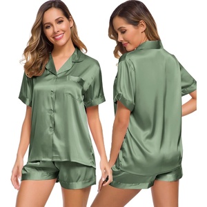 image:imageSWOMOG Womens Silk Satin Pajamas Set Short Sleeve Sleepwear Button Down Top and Shorts Loungewear 2 Piece Pjs Set XS3XLMatcha Solid