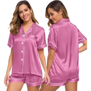 image:imageSWOMOG Womens Silk Satin Pajamas Set Short Sleeve Sleepwear Button Down Top and Shorts Loungewear 2 Piece Pjs Set XS3XLMauve Pink