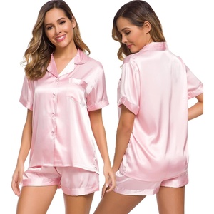 image:imageSWOMOG Womens Silk Satin Pajamas Set Short Sleeve Sleepwear Button Down Top and Shorts Loungewear 2 Piece Pjs Set XS3XLPink Solid