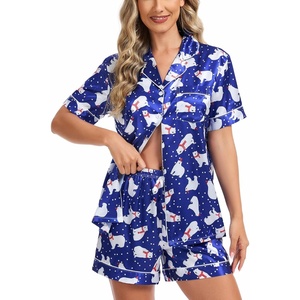 image:imageSWOMOG Womens Silk Satin Pajamas Set Short Sleeve Sleepwear Button Down Top and Shorts Loungewear 2 Piece Pjs Set XS3XLPolar Bear Blue