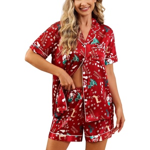 image:imageSWOMOG Womens Silk Satin Pajamas Set Short Sleeve Sleepwear Button Down Top and Shorts Loungewear 2 Piece Pjs Set XS3XLSantas Red Festive Print
