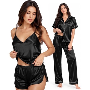 image:imageSWOMOG Womens Silk Satin Pajamas Sets 4pcs Sleepwear Sexy Cami Shorts Set and Button Down Short Sleeve Pjs LoungewearBlack