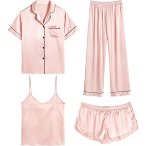 image:imageSWOMOG Womens Silk Satin Pajamas Sets 4pcs Sleepwear Sexy Cami Shorts Set and Button Down Short Sleeve Pjs LoungewearBlush Pink