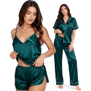 image:imageSWOMOG Womens Silk Satin Pajamas Sets 4pcs Sleepwear Sexy Cami Shorts Set and Button Down Short Sleeve Pjs LoungewearDeep Green