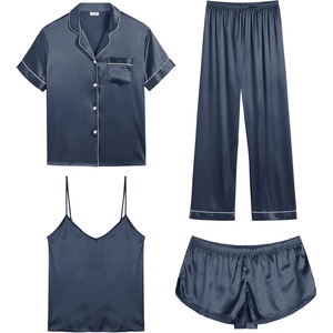 image:imageSWOMOG Womens Silk Satin Pajamas Sets 4pcs Sleepwear Sexy Cami Shorts Set and Button Down Short Sleeve Pjs LoungewearDeep Grey