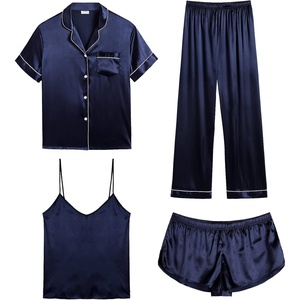 image:imageSWOMOG Womens Silk Satin Pajamas Sets 4pcs Sleepwear Sexy Cami Shorts Set and Button Down Short Sleeve Pjs LoungewearDeep Navy Blue