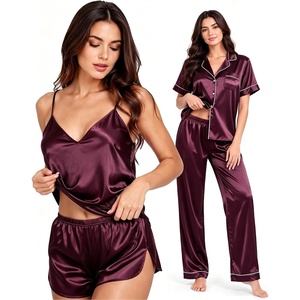 image:imageSWOMOG Womens Silk Satin Pajamas Sets 4pcs Sleepwear Sexy Cami Shorts Set and Button Down Short Sleeve Pjs LoungewearDeep Wine Red