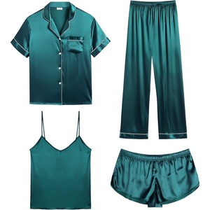 image:imageSWOMOG Womens Silk Satin Pajamas Sets 4pcs Sleepwear Sexy Cami Shorts Set and Button Down Short Sleeve Pjs LoungewearGreen