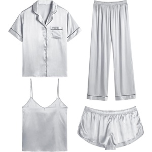 image:imageSWOMOG Womens Silk Satin Pajamas Sets 4pcs Sleepwear Sexy Cami Shorts Set and Button Down Short Sleeve Pjs LoungewearGrey