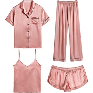 image:imageSWOMOG Womens Silk Satin Pajamas Sets 4pcs Sleepwear Sexy Cami Shorts Set and Button Down Short Sleeve Pjs LoungewearMisty Rose