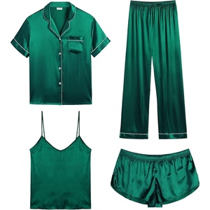 image:imageSWOMOG Womens Silk Satin Pajamas Sets 4pcs Sleepwear Sexy Cami Shorts Set and Button Down Short Sleeve Pjs LoungewearPersian Green