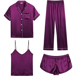 image:imageSWOMOG Womens Silk Satin Pajamas Sets 4pcs Sleepwear Sexy Cami Shorts Set and Button Down Short Sleeve Pjs LoungewearPurple