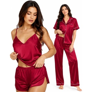 image:imageSWOMOG Womens Silk Satin Pajamas Sets 4pcs Sleepwear Sexy Cami Shorts Set and Button Down Short Sleeve Pjs LoungewearRed