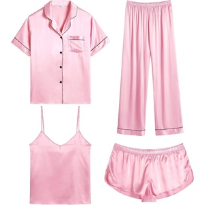image:imageSWOMOG Womens Silk Satin Pajamas Sets 4pcs Sleepwear Sexy Cami Shorts Set and Button Down Short Sleeve Pjs LoungewearRose Pink