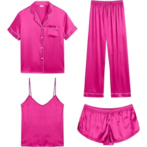 image:imageSWOMOG Womens Silk Satin Pajamas Sets 4pcs Sleepwear Sexy Cami Shorts Set and Button Down Short Sleeve Pjs LoungewearRose Red With White Piping
