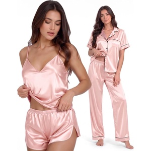 image:imageSWOMOG Womens Silk Satin Pajamas Sets 4pcs Sleepwear Sexy Cami Shorts Set and Button Down Short Sleeve Pjs LoungewearSakura Pink