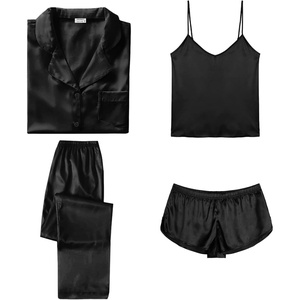 image:imageSWOMOG Womens Silk Satin Pajamas Sets 4pcs Sleepwear Sexy Cami Shorts Set and Button Down Short Sleeve Pjs LoungewearSolid Color Black