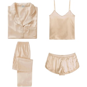image:imageSWOMOG Womens Silk Satin Pajamas Sets 4pcs Sleepwear Sexy Cami Shorts Set and Button Down Short Sleeve Pjs LoungewearSolid Color Champagne
