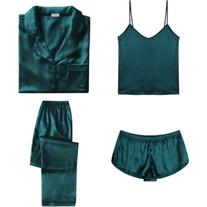 image:imageSWOMOG Womens Silk Satin Pajamas Sets 4pcs Sleepwear Sexy Cami Shorts Set and Button Down Short Sleeve Pjs LoungewearSolid Color Deep Green