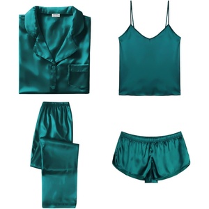 image:imageSWOMOG Womens Silk Satin Pajamas Sets 4pcs Sleepwear Sexy Cami Shorts Set and Button Down Short Sleeve Pjs LoungewearSolid Color Green