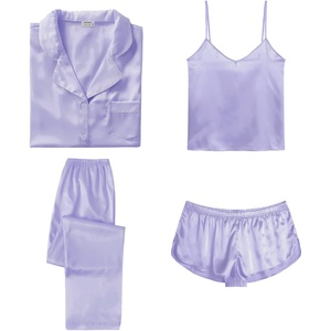 image:imageSWOMOG Womens Silk Satin Pajamas Sets 4pcs Sleepwear Sexy Cami Shorts Set and Button Down Short Sleeve Pjs LoungewearSolid Color Lavender