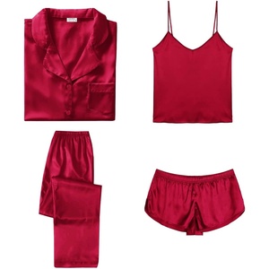 image:imageSWOMOG Womens Silk Satin Pajamas Sets 4pcs Sleepwear Sexy Cami Shorts Set and Button Down Short Sleeve Pjs LoungewearSolid Color Red