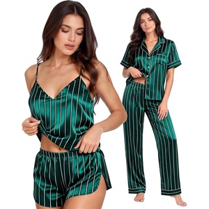 image:imageSWOMOG Womens Silk Satin Pajamas Sets 4pcs Sleepwear Sexy Cami Shorts Set and Button Down Short Sleeve Pjs LoungewearStriped in Deep Green