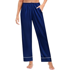 image:imageSWOMOG Womens Silk Satin Pants Wide Leg Pajama Bottoms Palazzo Lounge Pants Casual Loose Trousers Pj with PocketsNavy Blue