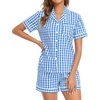 image:imageSWOMOG 100 Cotton Women Pajama Set 2 Piece Gingham Pjs Set Short Sleeve Plaid Sleepwear Button Down Lounge SetBlue Plaid