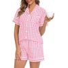 image:imageSWOMOG 100 Cotton Women Pajama Set 2 Piece Gingham Pjs Set Short Sleeve Plaid Sleepwear Button Down Lounge SetPink Plaid