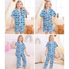 image:imageSWOMOG Big Girls Pajama Set 3PCS Button Dowm Sleepwear Short Sleeve with ShortampLong Pants PJs Cute Print LoungewearPanda Blue