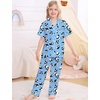 image:imageSWOMOG Big Girls Pajama Set 3PCS Button Dowm Sleepwear Short Sleeve with ShortampLong Pants PJs Cute Print LoungewearPanda Blue