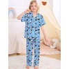 image:imageSWOMOG Big Girls Pajama Set 3PCS Button Dowm Sleepwear Short Sleeve with ShortampLong Pants PJs Cute Print LoungewearPanda Blue