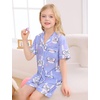 image:imageSWOMOG Big Girls Pajama Set 3PCS Button Dowm Sleepwear Short Sleeve with ShortampLong Pants PJs Cute Print LoungewearPurple Rabbit