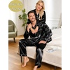 image:imageSWOMOG Couples Pajamas Sets Silk Satin Long Sleeve Sleepwear Button Down Loungewear Pjs Set Classic Pajama SXXLBlack