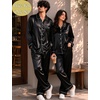 image:imageSWOMOG Couples Pajamas Sets Silk Satin Long Sleeve Sleepwear Button Down Loungewear Pjs Set Classic Pajama SXXLBlack