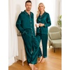 image:imageSWOMOG Couples Pajamas Sets Silk Satin Long Sleeve Sleepwear Button Down Loungewear Pjs Set Classic Pajama SXXLDeep Green
