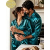image:imageSWOMOG Couples Pajamas Sets Silk Satin Long Sleeve Sleepwear Button Down Loungewear Pjs Set Classic Pajama SXXLDeep Green