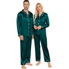 image:imageSWOMOG Couples Pajamas Sets Silk Satin Long Sleeve Sleepwear Button Down Loungewear Pjs Set Classic Pajama SXXLDeep Green