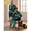 image:imageSWOMOG Couples Pajamas Sets Silk Satin Long Sleeve Sleepwear Button Down Loungewear Pjs Set Classic Pajama SXXLDeep Green