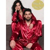 image:imageSWOMOG Couples Pajamas Sets Silk Satin Long Sleeve Sleepwear Button Down Loungewear Pjs Set Classic Pajama SXXLRed