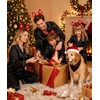 image:imageSWOMOG Family Matching Button Down Pajamas Pjs Silk Satin Long Sleeve Shirt Long Pants Set Sleepwear 2 Pcs Outfits LoungewearBlack